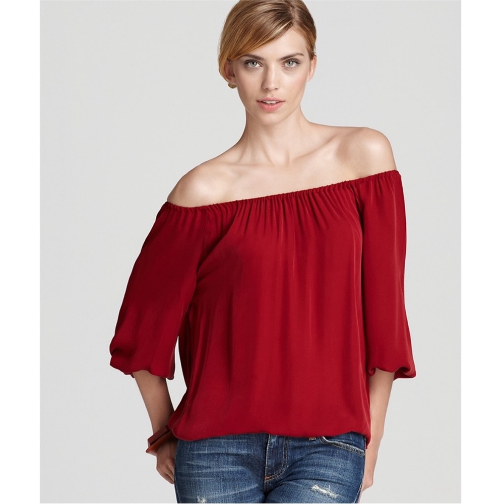 Joie Red Maroon Silk Off Shoulder Top Blouson XS Blouse Jefferson B